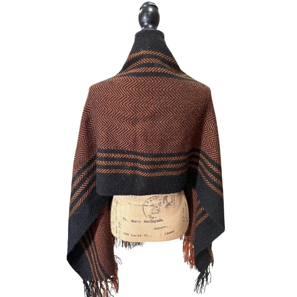 Unbranded Womens Shawl Wrap Scarf Black Rust Herringbone Stripe Fringe - Picture 5 of 7